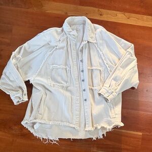 POL Cream Oversized Fringe-Trim Jean Jacket